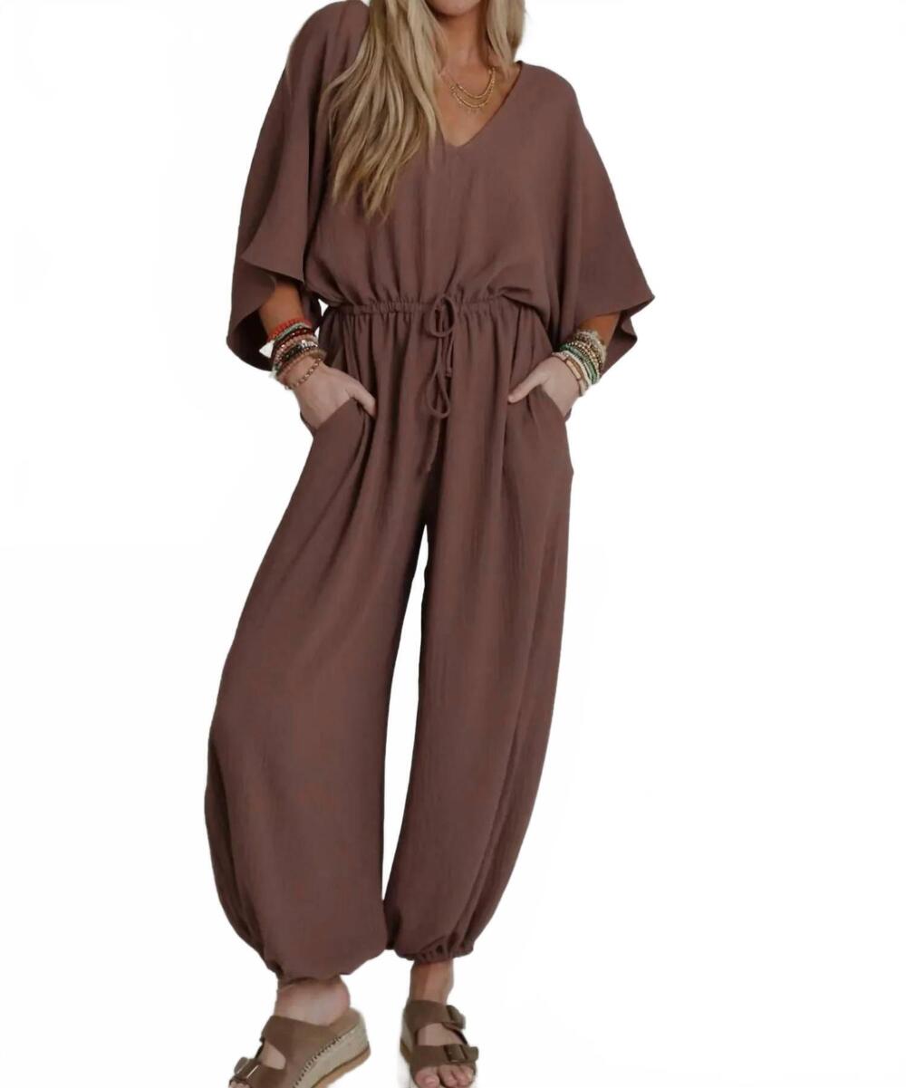 NEW THREE BIRD NEST new love relaxed drawstring jumpsuit in mocha